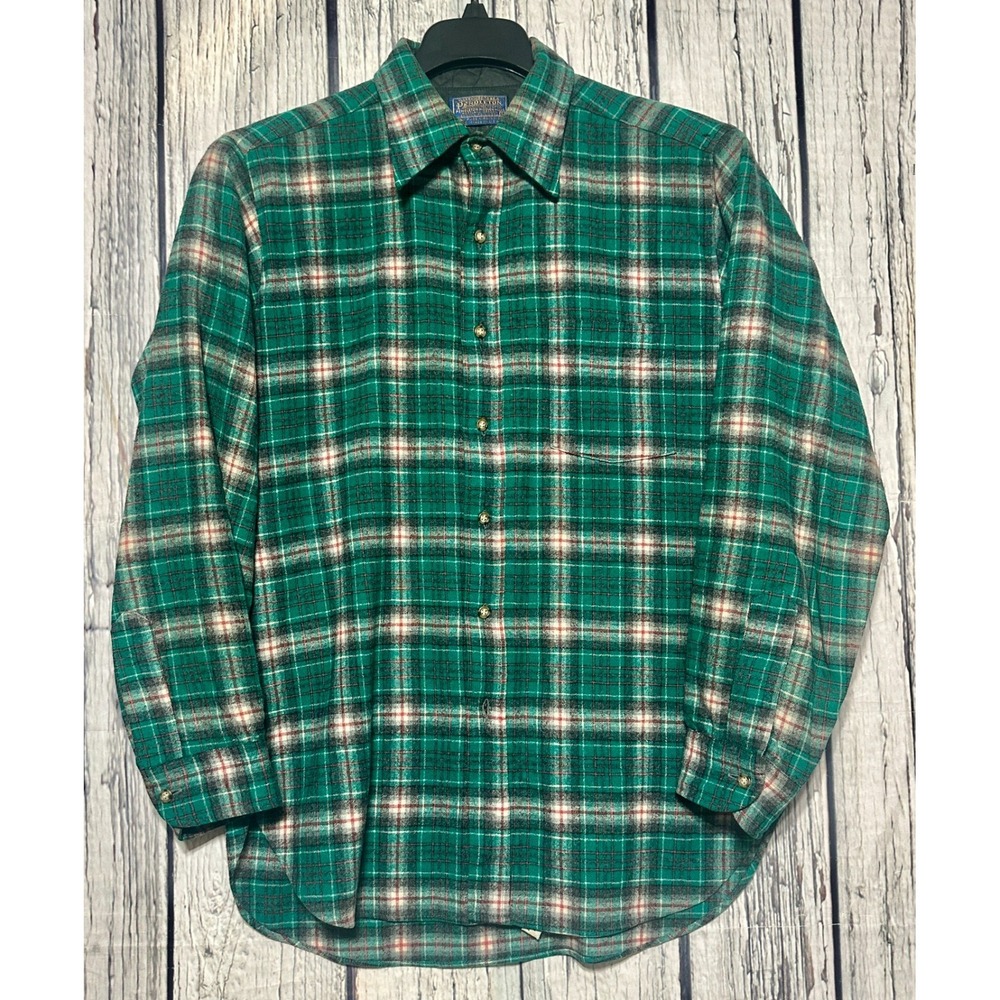 Vintage Pendleton Shirt Mens Medium Button Up Green Plaid 100% Virgin Wool USA